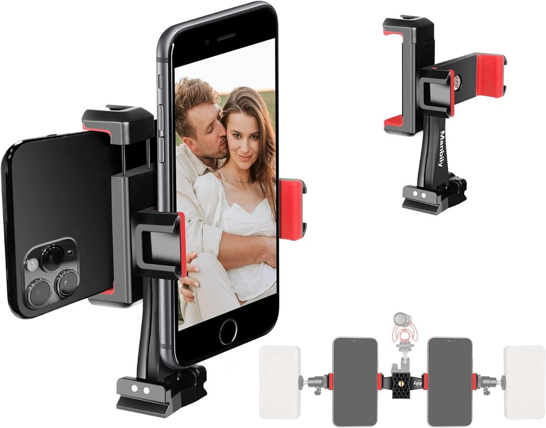 Manbily Phone Tripod Mount Adapter, 360 Rotatable Dual Cell Phone Holder Clip, Adjustable Clamp with 4 Cold Shoe, for Tripod Monopod Selfie Stick Vlog Live Streaming Video Recording