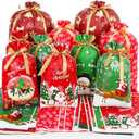 HRX Package 35pcs Christmas Gift Bags Drawstring Flat Bottom, Easy Holiday Gift Wrap Assorted Sizes for Xmas Present