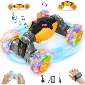 RC Cars Gesture Remote Control Car with Light Music 1:12 Hand Controlled Rc Car 2.4GHz 4WD Rc Stunt Car Gesture Sensing Double Sided 360 Rotation Off-Road Vehicle for Boys Girls(Yellow,Pro)