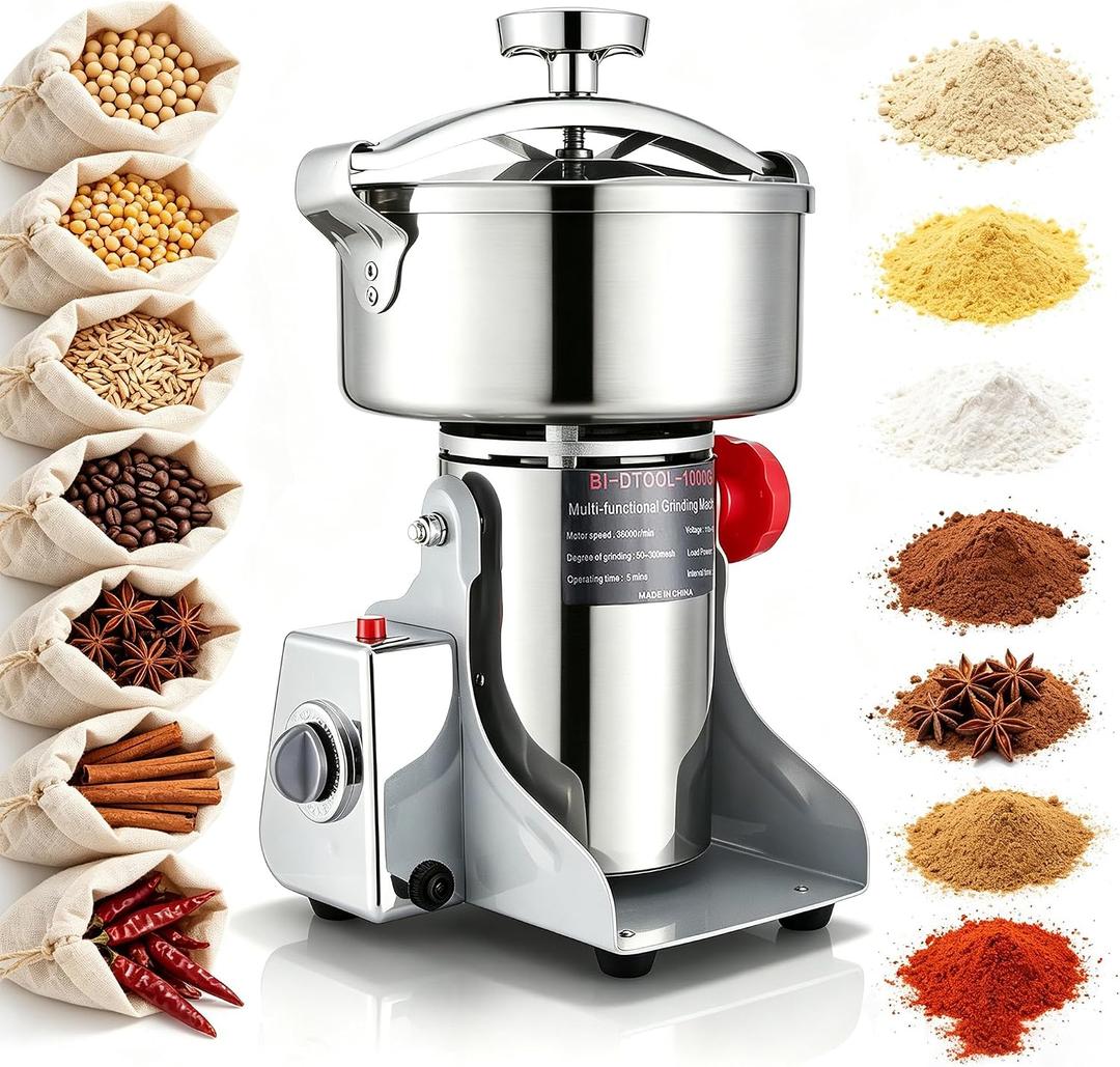 BI-DTOOL Electric Grain Mill Grinder 2800W Dry Material Grinding Machine 1000g Stainless Steel Pulverizer 36000r/min High-speed Grain Mill 270° swingable Superfine powder for Home and Commercial 1000g