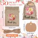 Wesnoy 50 Pcs Thanksgiving Burlap Gift Bags with Drawstring and 50 Pcs Tags 5x7 Autumn Fall Pumpkin Treat Bags Harvest Candy Goodies Sacks for Thanksgiving Party Favor DIY(Pink Pumpkin)