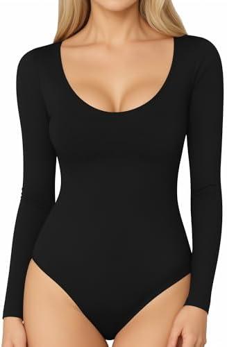 MANGOPOP Long Short Sleeve Bodysuits for Women Scoop Neck Ribbed Body Suit Stretchy Basic T Shirt Tops ,Medium
