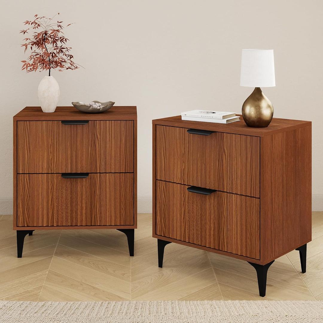 Wood Night Stand Set 2 Fluted Dresser for Bedroom 2 Drawers End Tables Nightstands Set of 2, Storage Modern Bedside Table Set of 2, Walnut Nightstand