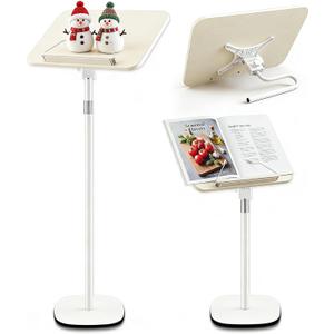 2 in 1 Dual-use Floor & Desktop Book Stand White, 19.6-54 Inch Height Adjustable, for Bible Stand Music Holder Podium Recipe Cookbook, Foldable Book Holder for Reading with Page Clips