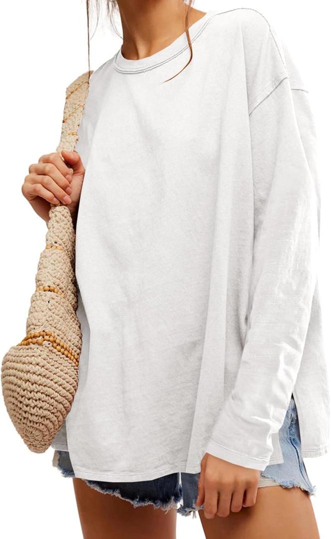 Womens Oversized Long Sleeve Shirts Crew Neck Casual Tops Loose Fit Side Slit Fall Tees (Medium, White)