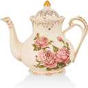 Ceramic Tea Pot, 35 OZ/4 Cup Ivory Rose Vintage Floral Porcelain Teapot with Gold Trim, European Style, Gift for Women, Decorative Ideas (Pink Rose)