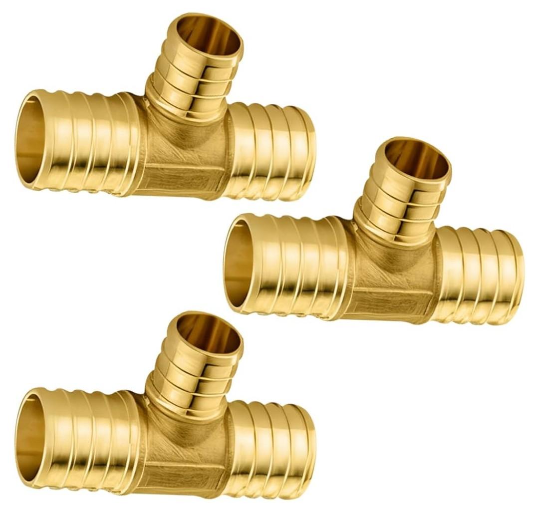 3-Pack Foskan PEX Fittings, 1"x1"x3/4" Reducing Tee,Brass Barb Crimp PEX Fittings for Hot or Cold Water Distribution