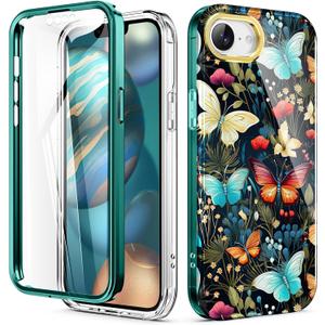 Hocase for iPhone 17e Case/iPhone 16e Case, (with Built-in Screen Protector) Shockproof Slim Soft TPU+Hard Plastic Full Body Protective Case for iPhone 17e/16e 6.1" - Butterflies in Garden