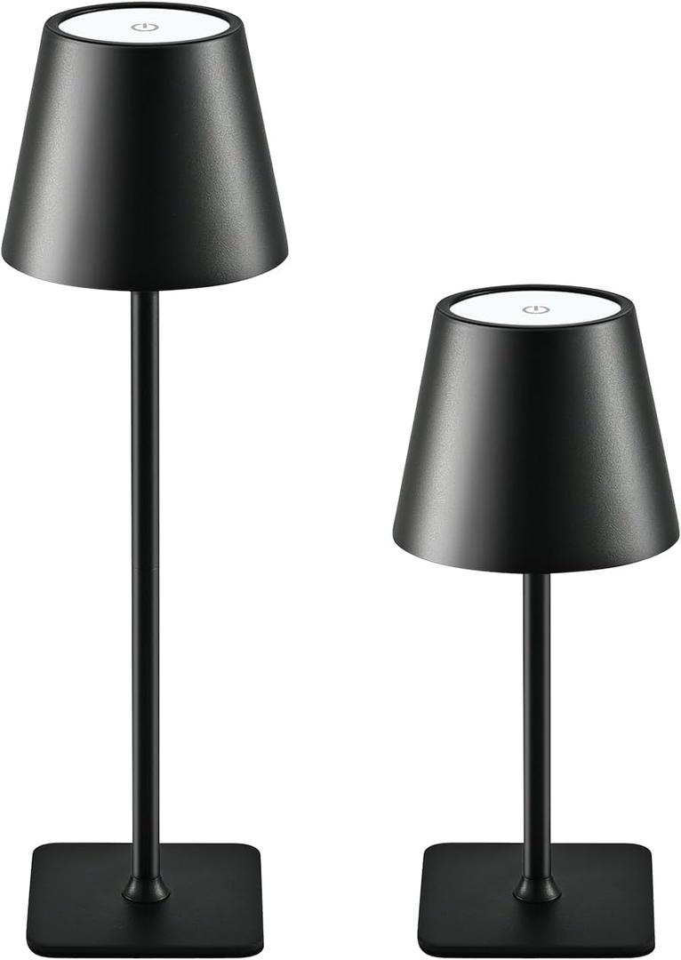 2 Pack Cordless Table Lamps Rechargeable, Battery Operated Touch Dimmable LED Lamp with 3 Color Temperatures, Adjustable Height Wireless Table Lamp for Restaurant, Bar, Bedroom (Black)