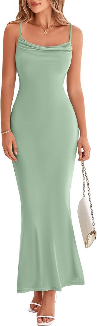 PRETTYGARDEN Women's 2026 Summer Maxi Dress Spaghetti Strap Mesh Slip Bodycon Dress Cowl Neck Cocktail Party Long Dresses (Sage Green, Large)