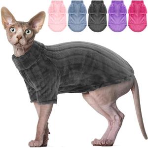 SUNFURA Sweaters for Cats, Hairless Sphynx Sweater Kitten Pullover with Sleeves, Warm and Soft Cat Pajamas Fleece Sweatshirt Jumpsuit, Turtleneck Clothes for Fall Winter, Grey L