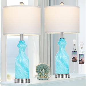 26" Modern Glass Table Lamp for Living Room, Lamps for Bedrooms Set of 2, Blue Bedside Lamps with USB A+C Charging Ports for Living Room Nightstand Lamp End Table Lamps (Bulbs Included)
