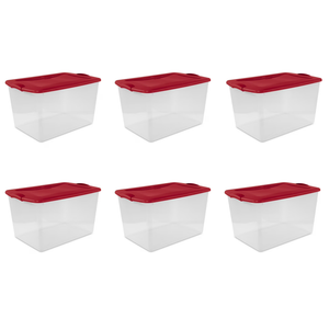 Sterilite Large Storage Bin, 66 Quart Clear Plastic Storage Container with Latch Lid, Red, 6 Count
