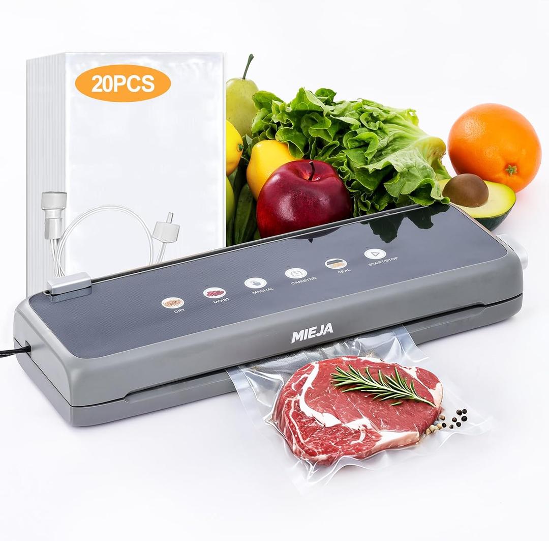 Food Vacuum Sealer Machine with Built-in Cutter, 5-in-1 Dry/Moist Modes, External VAC for Jars, 20 Bags, Compact One-Touch Automatic Food Sealer for Sous Vide, Meal Prep & Long-Term Storage
