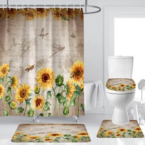 Sunflower Shower Curtain Set 4 Pcs Rustic Bathroom Decor with Rugs Farmhouse Vintage Retro Country Yellow Floral Mat Toilet Lid Cover U Shaped Non-Slip Fabric Polyester 60x72 Inch