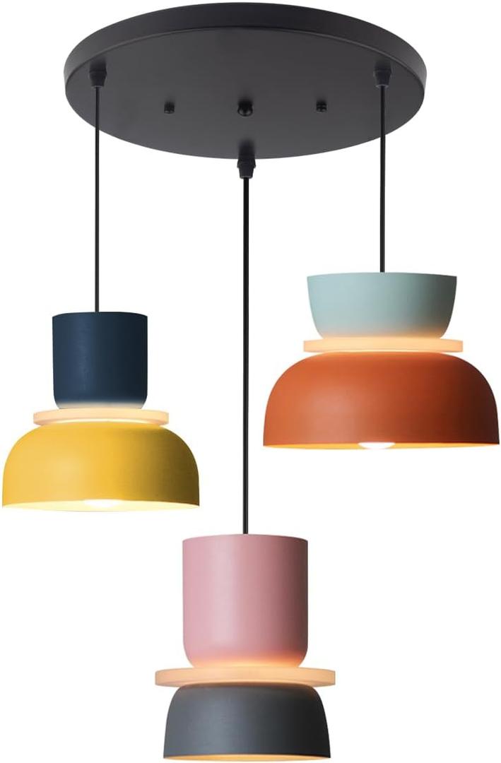 Nordic Modern Pendant Light Macaron Color Mid Century Hanging Light Fixture with Aluminum Shade Colorful Chandelier Ceiling Pendant Lights for Dining Room Kitchen (3-Light), Size -