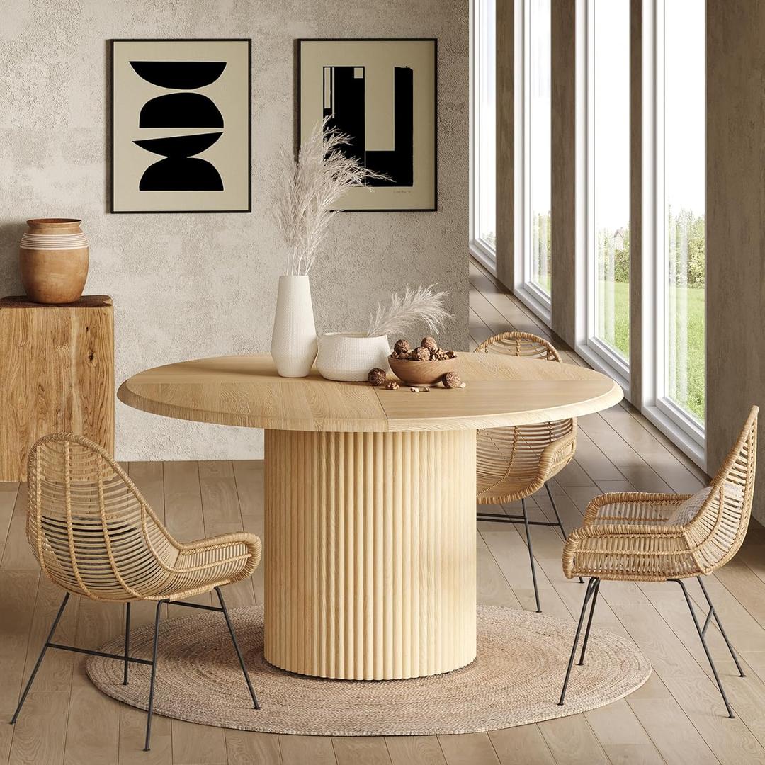 LITTLE TREE 47 Inches Round Dining Table for 4, Farmhouse Natural Wooden Dining Room Table with Heavy Duty Fluted Pedestal, Large Circle Kitchen Dinner Table for Dining Room, Living Room (Table Only)