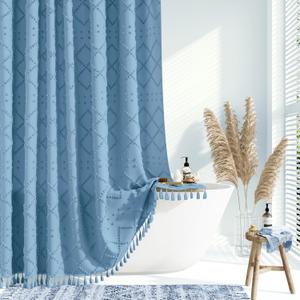Dynamene Moonlight Blue Fabric Shower Curtain, Boho Tufted Geometric Striped Tassel Bathroom Shower Curtain, Shabby Chic Textured Farmhouse Waterproof Cloth Shower Curtain Set, Wrinkle Free, 72x72