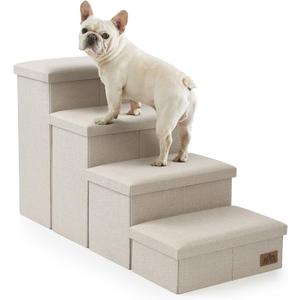 Dog Stairs with Storage, 4-Step Wider Sturdy Dog Steps for Dogs and Older Cats, Folding Doggie Ramp for Bed/Couch/Car Hold Up to 180 lbs (22" H, Beige), Size: 38.1"L x 17"W x 22"H