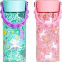 Elemental Leak Proof Water Bottles for Kids - Splash Kids Water Bottle for School with Pop-it Handle - Tritan Plastic Water Bottle with Straw - Mermaid & Pink Unicorn - 18oz (2 Pack)