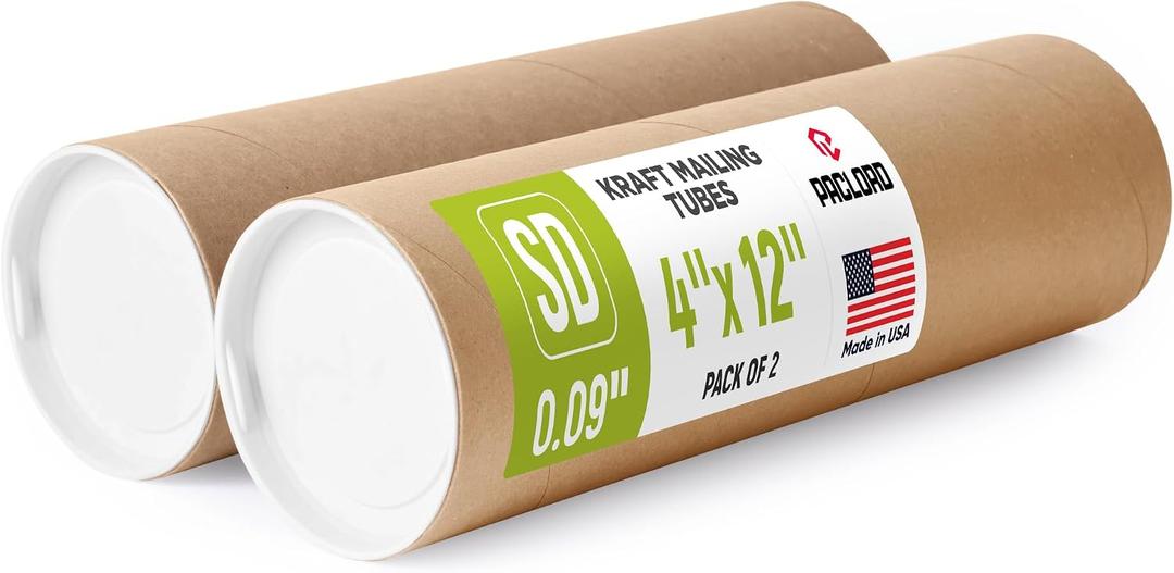 4" x 12" Reinforced Kraft Paper Mailing Tube, Pack of 2 Tubes with 4 Caps – Secure USPS Approved Poster Tube – Made in USA Cardboard Tube for Shipping and Storing Posters, Prints, Artwork