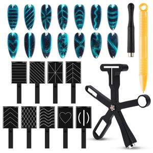 12pcs Cat Eye Magnet for Nails, 6 In 1 Multifunction 9pcs Stripe Plates Pen Wand for Cat Eye Gel Polish 3d Nail Art Salon or Diy (Black)
