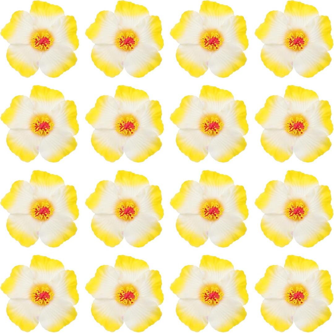 PATIKIL Hawaiian Hibiscus Flowers, 16 Pack Artificial Flowers Hair Clip DIY Foam Hibiscus Flower for Tabletop Decoration Party Favors Supplies, White/Yellow