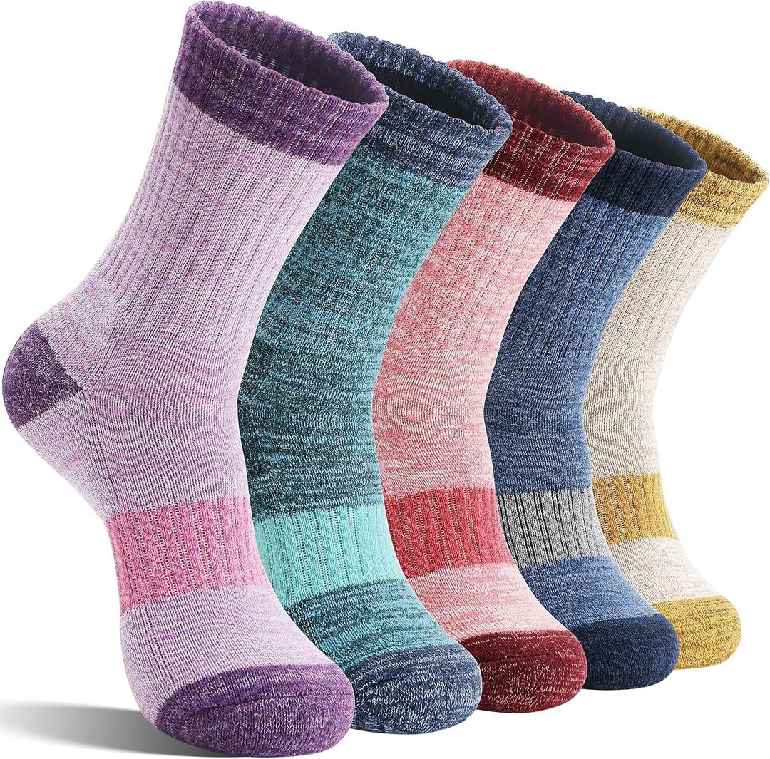 Merino Wool Hiking Socks Thermal Warm Winter Cozy Cushioned Moisture Wicking Crew Socks for Women 5 Pairs, Large