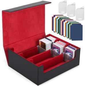 Card Deck Case for Trading Cards 1800+, MTG Card Storage Box, Leather Magnetic Closure Storage Box for Magic Commander, MTG, YuGiOh, PKM and Sports Cards (Black and Red)