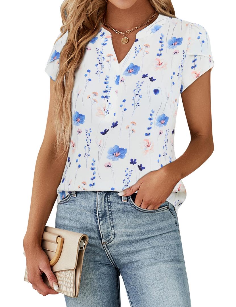 Agnes Urban  Women's Dressy Casual Tops Business Work Blouses White Down Shirts Cap Sleeve V Neck Tshirt, XL