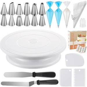 Kootek 71PCs Cake Decorating Kit, Baking Supplies Tools - Includes Cake Stand Turntable, 12 Icing Piping Tips, 2 Frosting Spatulas, 3 Scrapers, 50+2 Piping Bags, Coupler, Video Tutorial, Booklet (White)