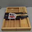 Small-Bamboo-Silverware-Drawer-Organizer, Expandable Utensil Kitchen Cutlery Tray Flatware Organization Adjustable Wood Tableware Dividers Storage (with Removable Knife Block)(Natural) (Medium)