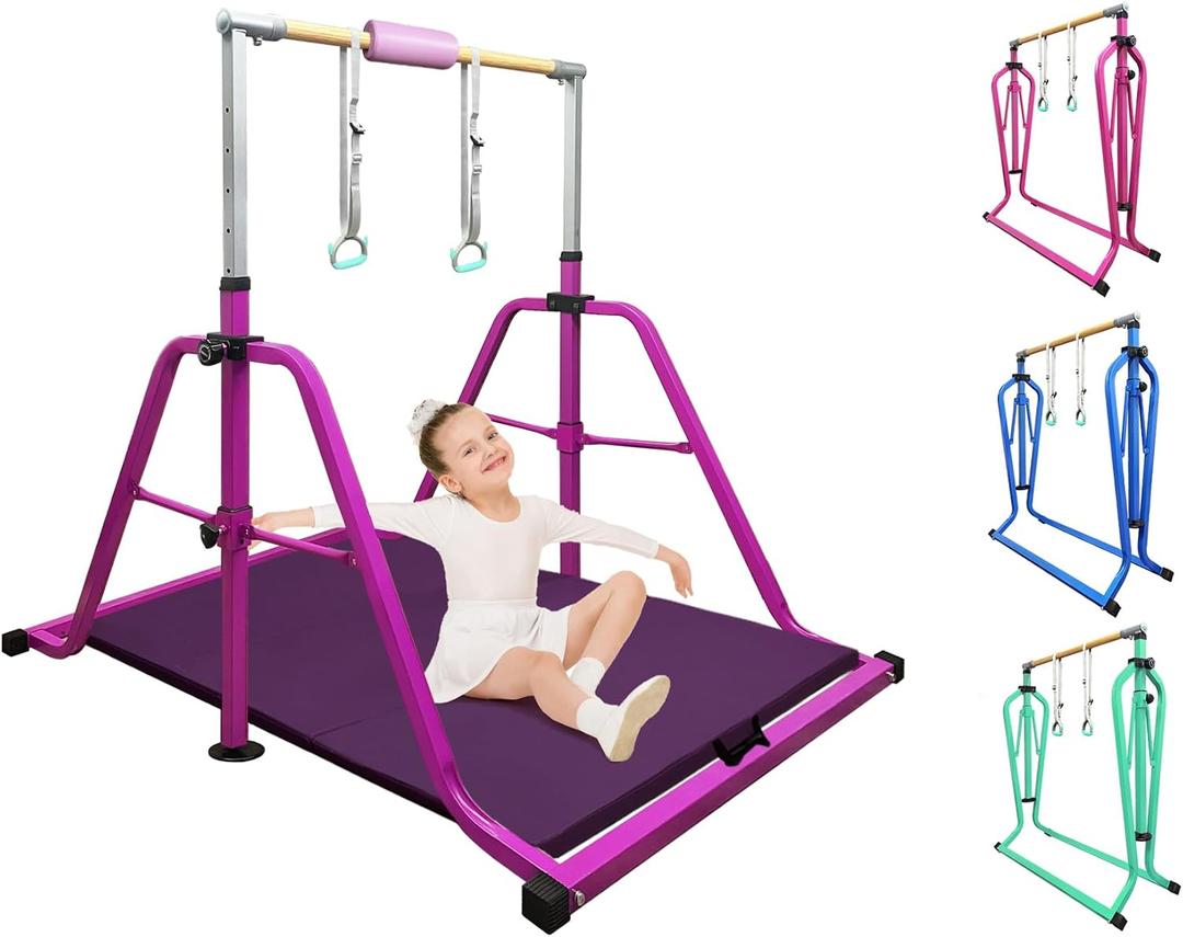 Foldable & Moveable Gymnastics Horizontal Bar with Rings,3’to 5’Adjustable Height Expandable Junior Kip Bar for Home, Indoor Gym Equipment for Kids