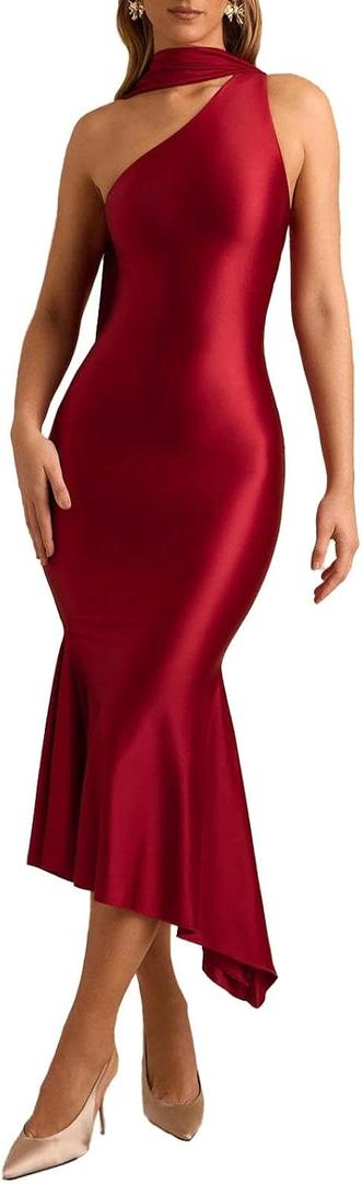 ABYOVRT Women Formal Satin Dress One Shoulder Asymmetrical Scarf Mermaid Hem Midi Dress Cocktail Prom Gown