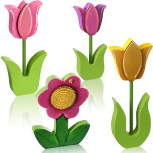 4 Pcs Spring Tulips Wood Signs Rustic Tulip Flowers Table Decoration Spring Tulip Table Centerpiece Tiered Tray Decor Multicolor Tulips Floral Block Tabletop Signs for Farmhouse Home Decor