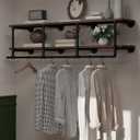 Wall Mounted Clothes Rack 12 Inch Deep, 60 Inch Heavy Duty Garment Rack with Real Walnut Wood Shelf, Multi-Purpose Hanging Rod & Space-Saving Closet Storage Organizer