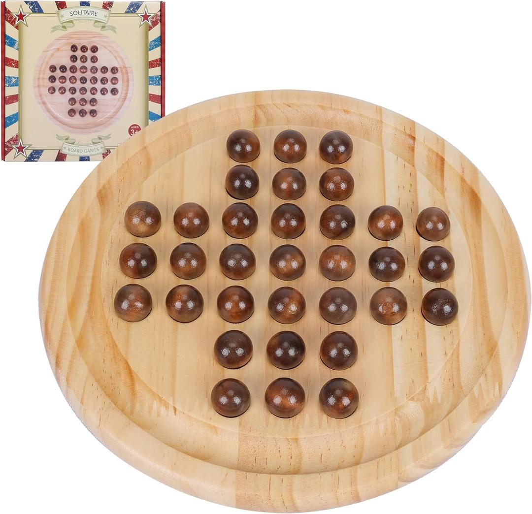 Gothink Solid Wood Solitaire Game, Classic Handcrafted 9'' Wooden Solitaire Board, 33 Smooth Wooden Balls, Single Strategic Mind Game for Kids and Adults