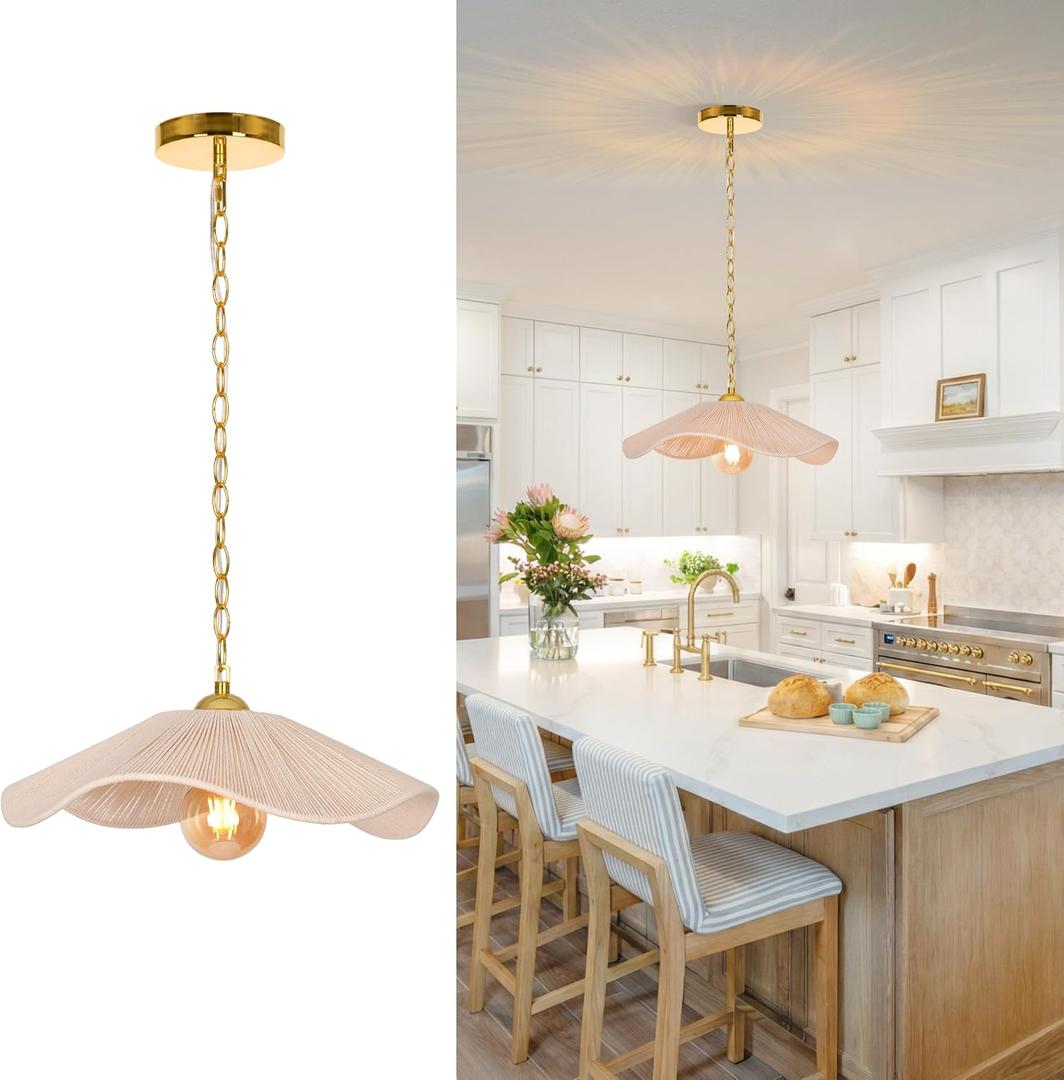 15.7" Boho Pendant Light, Adjustable Coastal Cotton Rope Lamp Shade, Farmhouse Chandelier Vintage Rustic Hanging Lamp for Kitchen Island, Bedroom, Dining Room, Living Room, Entryway, Foyer