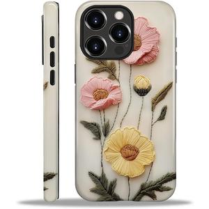 Case for iPhone 16 Pro Case,Faux Embroidery Boho Floral Design - Hybrid Dual Protection Silicone + Hard PC Shockproof Full Body Cover Slim Anti-Scratch Protective Case for Men Women