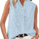 BTFBM Womens Sleeveless Button Down Shirts Ruffle V Neck Casual Hollow Out Eyelet Tops Boho Spring Vacation Blouse 2026 (Blue, L)