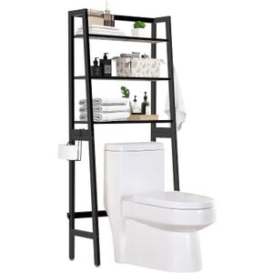 MallKing Over The Toilet Storage, Wooden 3-Tier Over-The-Toilet Rack Bathroom Space Saver Organizer, Freestanding Above Toilet with Toilet Paper Holder and Hooks (Black), 25.59W*11.02D*61.42H