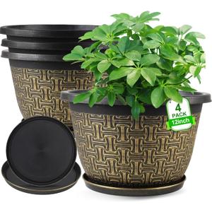 4 Pack 12 Inch Plant Pots,Large-Plant-Flower-Planters-Plastic, Flower Pots Outdoor Indoor with Drainage Holes & Trays, Retro Antique Imitation Decorative Garden Sets for Houseplants
