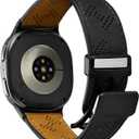 Genuine Leather Watch 8 Band for Men Compatible with Samsung Galaxy Watch 8 40mm 44mm/ 8 Classic 46mm, Magnetic Buckle Design Breathable Adjustable Wristbands Replacement Strap (A2-Black)