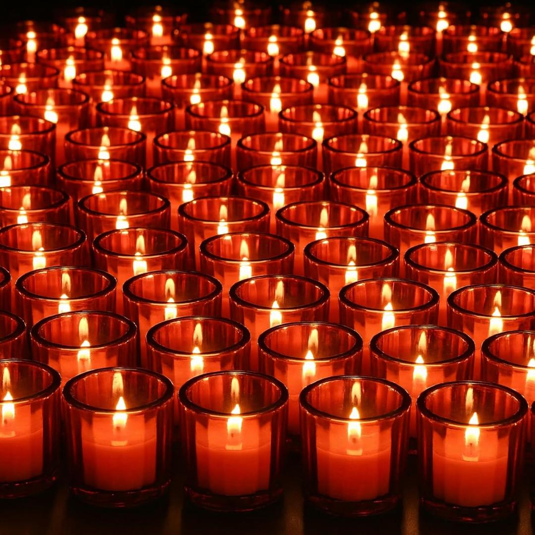 Mumufy 50 Pcs Glass Tealight Candle Holder Ribbed Votive Candle Holder for Centerpiece Wedding Proposal Spa Aromatherapy Meditation Home Decor (Red)