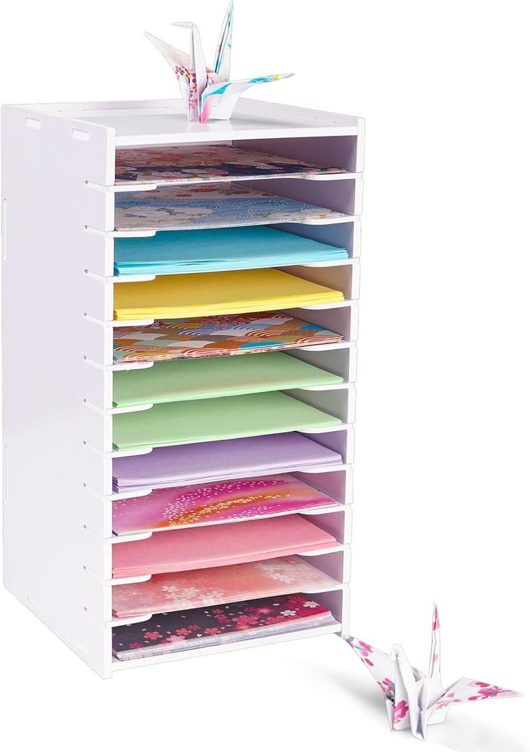 SANFURNEY 6" x 6" Origami Paper Organizer, 12 Tier Folding Papers Storage Rack, Desktop Traditional Origami Sheets Colored Paper Holder for Home School Classroom (White)