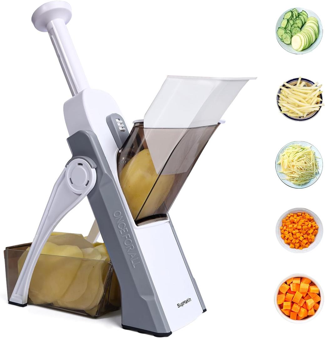 SupMaKin Safe Mandoline Slicer for Kitchen, Vegetable Food Potato Chip Slicer Maual Adjustable Thickness, Chopping Artifact Fast Veggie Salad Chopper Light Gray