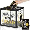Class of 2025 Graduation Card Box with 30 Pcs Advice Cards, Black Gold Graduation Card Box Holder with LED Light Congrats Grad Gift Card Box for School College 2025 Graduation Party Decor