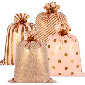 Fulmoon 4 Pcs 48 Inch Jumbo Gift Bag Golden Extra Large Bags with Pull Flowers, Plastic Giant Gift Oversized Wrapping for Valentine's Day Birthday Wedding Baby Shower(Pink Gold)