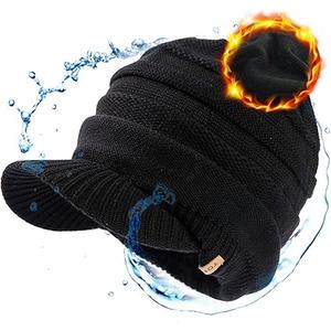 TOP-EX DryKnit Waterproof Merino Wool Visor Beanie with Brim & Fleece Neck Warmer Set  Oversize Winter Hat for Men Large Heads Warm Fleece Lined Beanie for Cold Weather Ski Hiking Golf Black XL/XXL