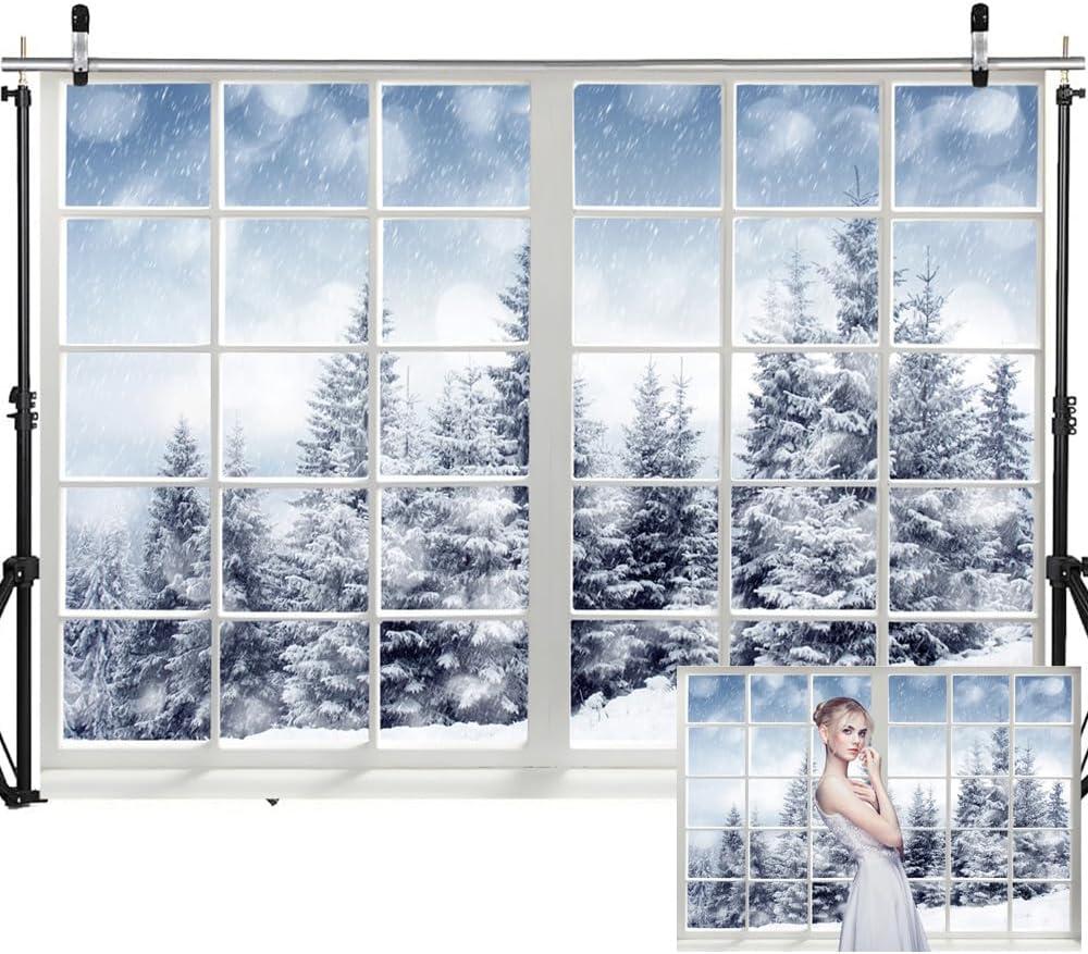 8X6FT Snow Window Background Winter Wonderland Forest Scene Backdrop for Photography Christmas Party Decorations Supplies Banner Photoshoot Photo Studio Props DH-853